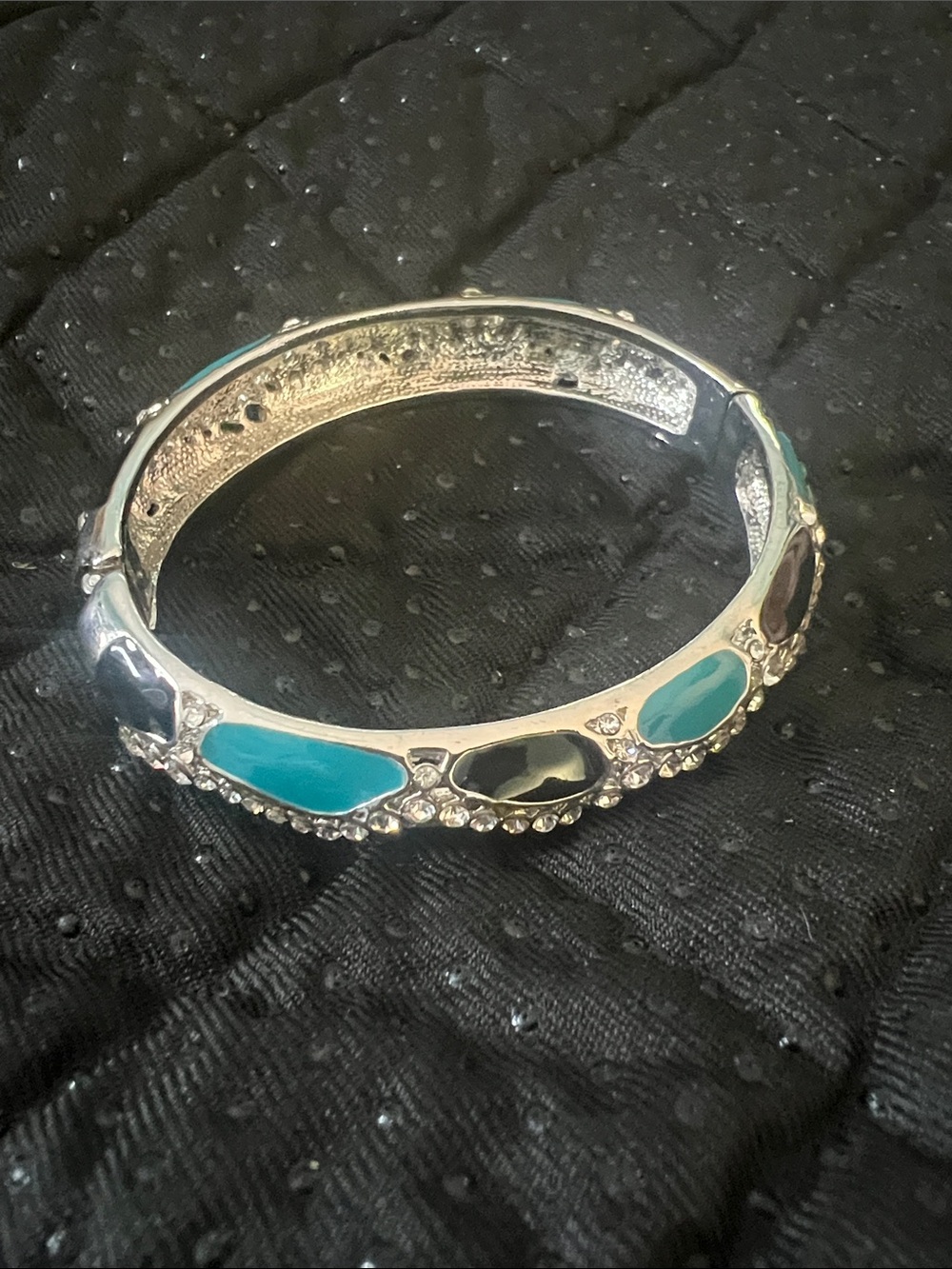 Vintage JTF Blue & Turquoise Enamel Rhinestone Hinged Bangle Bracelet